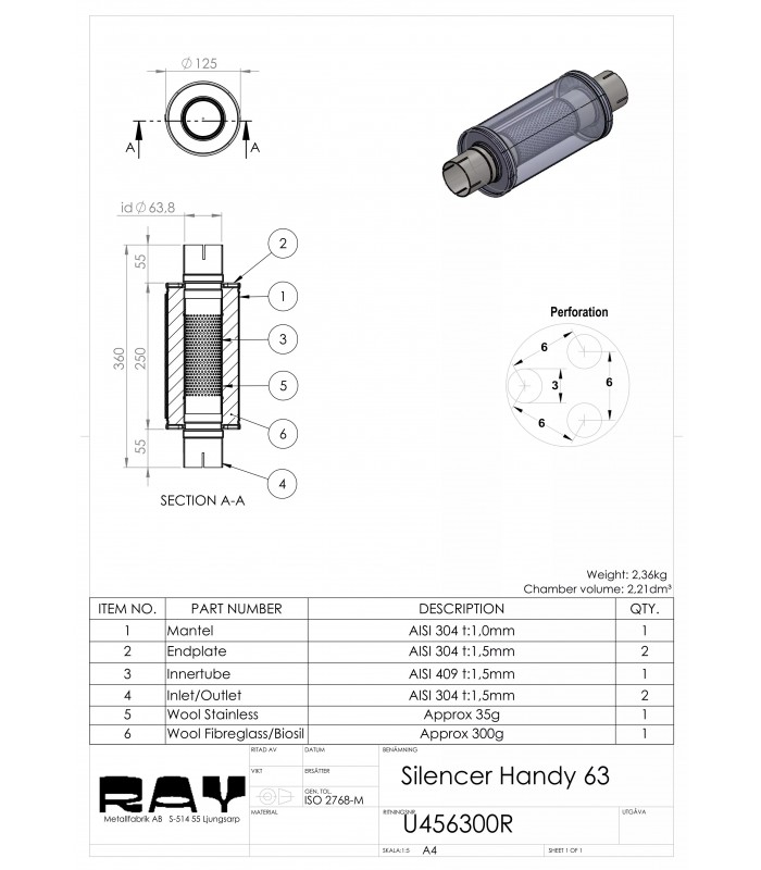 Silencer Round 125mm L-250mm D-63 SS U456300R (SIMONS)