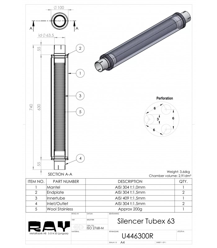 Silencer Round 125mm L-625mm D-63 SS U446300R (SIMONS)